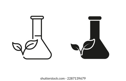 Flask with Leaf Line and Silhouette Icon Set. Biology Research Experiment. Equipment for Chemical Symbol Collection on White Background. Organic Scientific Lab. Isolated Vector Illustration.