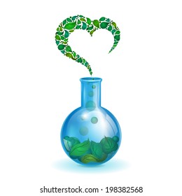 Flask with leaves, ecological background with heart leaves
