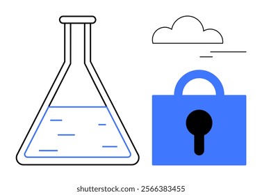 Flask with liquid, cloud, and lock are visible. Ideal for technology, data security, scientific research, cloud computing, and privacy protection themes. Minimalist and modern style