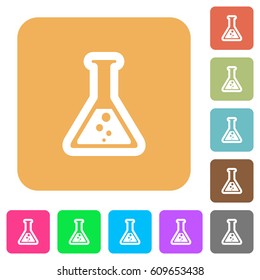Flask with liquid flat icons on rounded square vivid color backgrounds.