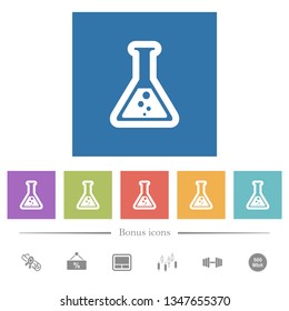 Flask with liquid flat white icons in square backgrounds. 6 bonus icons included.