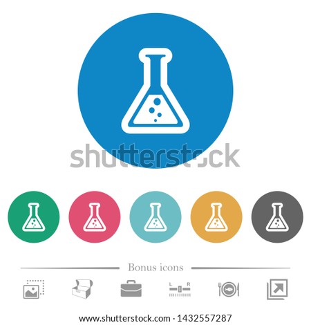 Flask with liquid flat white icons on round color backgrounds. 6 bonus icons included.
