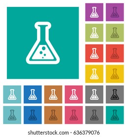 Flask with liquid multi colored flat icons on plain square backgrounds. Included white and darker icon variations for hover or active effects.