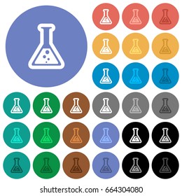 Flask with liquid multi colored flat icons on round backgrounds. Included white, light and dark icon variations for hover and active status effects, and bonus shades on black backgounds.