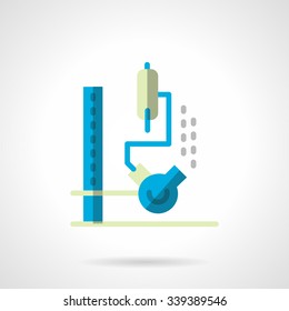 Flask with liquid on rack with hose for chemical tests. Blue flat style vector icon. Science and education. Single web design element for mobile app or website.