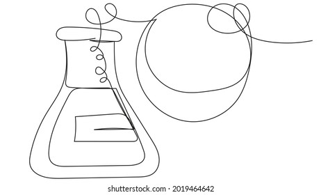 Flask with liquid one line on a white background. Stock vector illustration with chemical experiments. Biological medicine, vaccine.