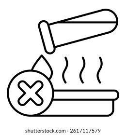 Flask liquid pouring to plate forbidden thin line icon, prohibited items concept. Vector graphics. Poured test tube flask sign on white background, linear style for mobile or design