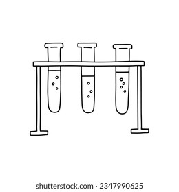 Flask with liquid for scientific experiment. Chemical research laboratory equipment. Chemistry laboratory glassware. Vector doodle sketch