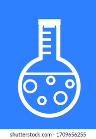 Flask logotype, laboratory or hospital symbol, medical bottle with fluid. Shape of bulb, clinic sign on blue, chemical web logo, research equipment vector