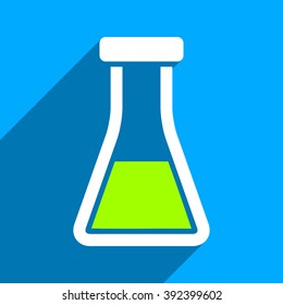Flask long shadow vector icon. Style is a flat flask iconic symbol on a blue square background.