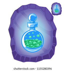 Flask with magic green elixir with bubbles on the stone