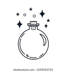Flask with magic potion in hand drawn style. Vector stock illustration. isolated. Witch. Boho. White background