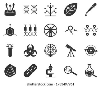 Matraz, lupa. Juego de iconos de glifos de bioingeniería. Biotecnología para la salud, investigación, creación de materiales. Biología molecular, ingeniería biomédica y molecular