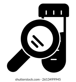 Flask with magnifier solid icon, clinical research concept. Vector graphics. Magnifying glass and test tube sign on white background, glyph style mobile or design