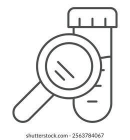 Flask with magnifier thin line icon, clinical research concept. Vector graphics. Magnifying glass and test tube sign on white background, outline style icon for mobile or web design