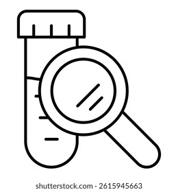 Flask with magnifier thin line icon, clinical research concept. Vector graphics. Loupe and flask, test sign on white background, linear style for mobile or design