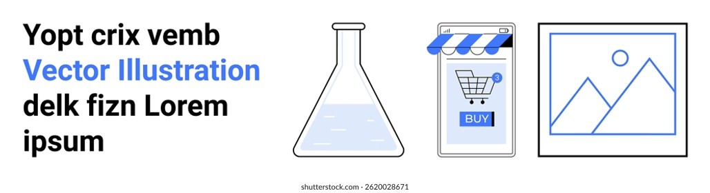 Flask, mobile phone with shopping cart, framed art. Ideal for e-commerce, online stores, digital marketing, creative businesses, retail solutions, science-based startups, dynamic landing pages
