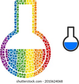 Flask mosaic icon of filled circles in various sizes and rainbow bright color tones. A dotted LGBT-colored flask for lesbians, gays, bisexuals, and transgenders. Vector icon in LGBT flag colors.