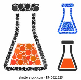 Flask mosaic of small circles in various sizes and color tones, based on flask icon. Vector small circles are organized into blue mosaic. Dotted flask icon in usual and blue versions.