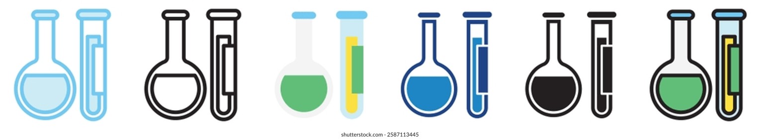 Flask multi style, mini illustration icon. outline, flat, glyph, line color, UI, UX, app and web, digital or print. For education, research, chemistry.