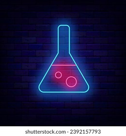 Flask neon sign. Chemistry experience idea. School concept. University emblem. Back to school design. Knowledge label. Glowing advertising on brick wall. Vector stock illustration