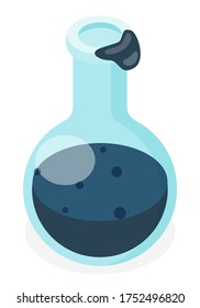 Flask with oil isolated at white, crude oil or petroleum inside medical bulb, oil storage. Petrol flask icon for web design, site, logo or app. Test tube with sample of oil for making experiments