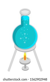 Flask on chemical burner flat vector illustration. Chemistry laboratory equipment. Glassware, glass container with fluid on fire. Scientific experiment, research instrument. Heating fluid in beaker