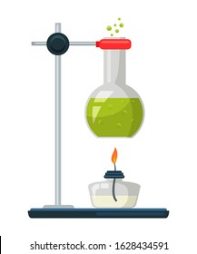 Flask on chemical burner flat vector illustration. Chemistry laboratory equipment. Glassware, glass container with fluid on fire. Scientific experiment, research instrument. Heating fluid in beaker