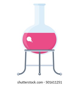 Flask on a tripod. Chemilcal equipment. Test tube and flack, chemical burner, laboratory, liquid. Flat vector cartoon chemical illustration. Objects isolated on a white background.