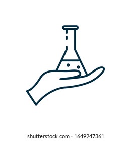 Flask over hand line style icon design, Chemistry science laboratory research technology biology equipment and test theme Vector illustration