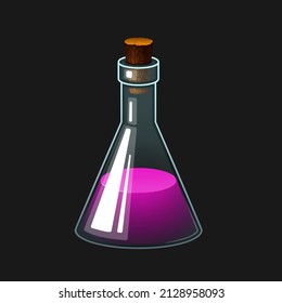 Flasche mit rosafarbener Fuchsiablösung. Vektorgrafik, Symbol für Spiele und Anwendungen.