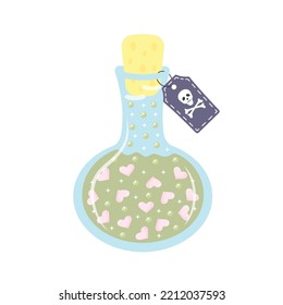 Flask with poison. Bottle of love potion with hearts and skull label.