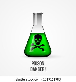 Flask with poison. Conical flask with green liquid inside. Isolated on white background. Vector illustration