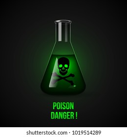 Flask with poison. Conical flask with green liquid inside. Dark background. Vector illustration
