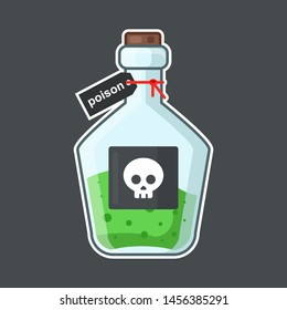 flask with poison on a black background. skull label. hazardous fluid. medical agent. flat vector illustration.