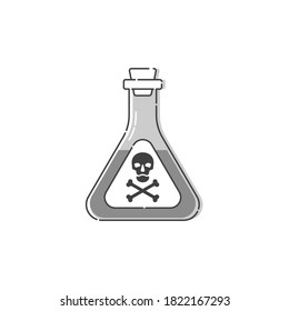 Flask poison with skull full face for concept design. Dangerous container. Potion beverage medical concept. Chemistry addiction icon. Venom, danger symbol. Isolated flat illustration. Vector.
