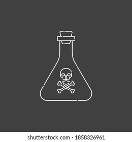 Flask poison with skull full face for concept design. Dangerous container. Potion beverage medical conception. Chemistry icon. Venom, danger symbol. Isolated flat illustration on black background.
