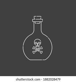 Flask poison with skull full face for concept design. Dangerous container. Potion beverage medical conception. Chemistry icon. Venom, danger symbol. Isolated flat illustration on black background.
