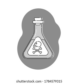 Flask poison with skull in profile for concept design. Dangerous container. Potion beverage medical concept. Chemistry addiction icon. Venom, danger symbol. Isolated flat illustration. Vector.
