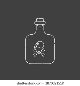 Flask poison with skull side view for concept design. Dangerous container. Potion beverage medical conception. Chemistry icon. Venom, danger symbol. Isolated flat illustration on black background.
