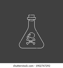 Flask poison with skull in side view for concept design. Dangerous container. Potion beverage medical conception. Chemistry icon. Venom, danger symbol. Isolated flat illustration on black background.
