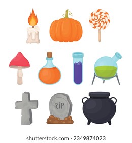 Flask with a potion and Candle, Pumpkin, Lollipop with Magic Mushroom, Cauldron and Headstone. Huge collection of Halloween elements.