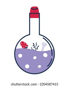 Flask of potion. Halloween attributes. Witch's magical lilac elixir. Witchcraft potion or poison. Flat vector illustration on white background.