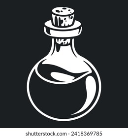 Flask with potion logotype monochrome with glass bottle filled with magical substance and closed stopper vector illustration