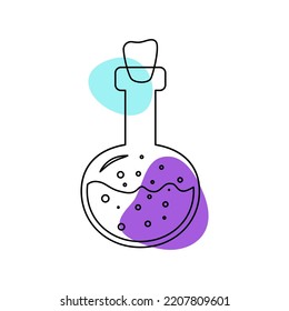 Flask with potion in the style of line art with colored spots. vector illustration