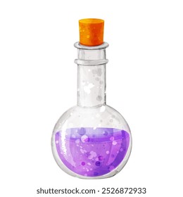 Flask with purple liquid. Glass transparent container. Vector illustration
