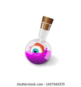 Flask with purple poison and eye inside isolated on white background for your creativity