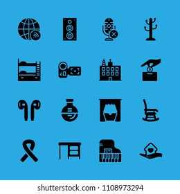 flask, rack, camcorder, speaker, make a donation, bed, rocking chair, earphones and shelter vector icon. Simple icons set