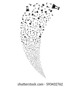 Flask random fireworks stream. Vector illustration style is flat black iconic symbols on a white background. Object fountain constructed from scattered design elements.