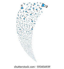 Flask random fireworks stream. Vector illustration style is flat blue and gray iconic symbols on a white background. Object fountain constructed from scattered pictographs.